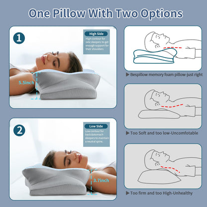 Cervical Neck Pillow - Ergonomic Side Sleeper Pillow for Pain Relief, Cooling Cervical Pillow for Sleeping, Contour Orthopedic Memory Foam Pillows for Back Stomach Sleepers