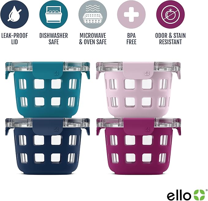 Ello Duraglass 4-Pack 2 Cup Reusable Glass Container Jar