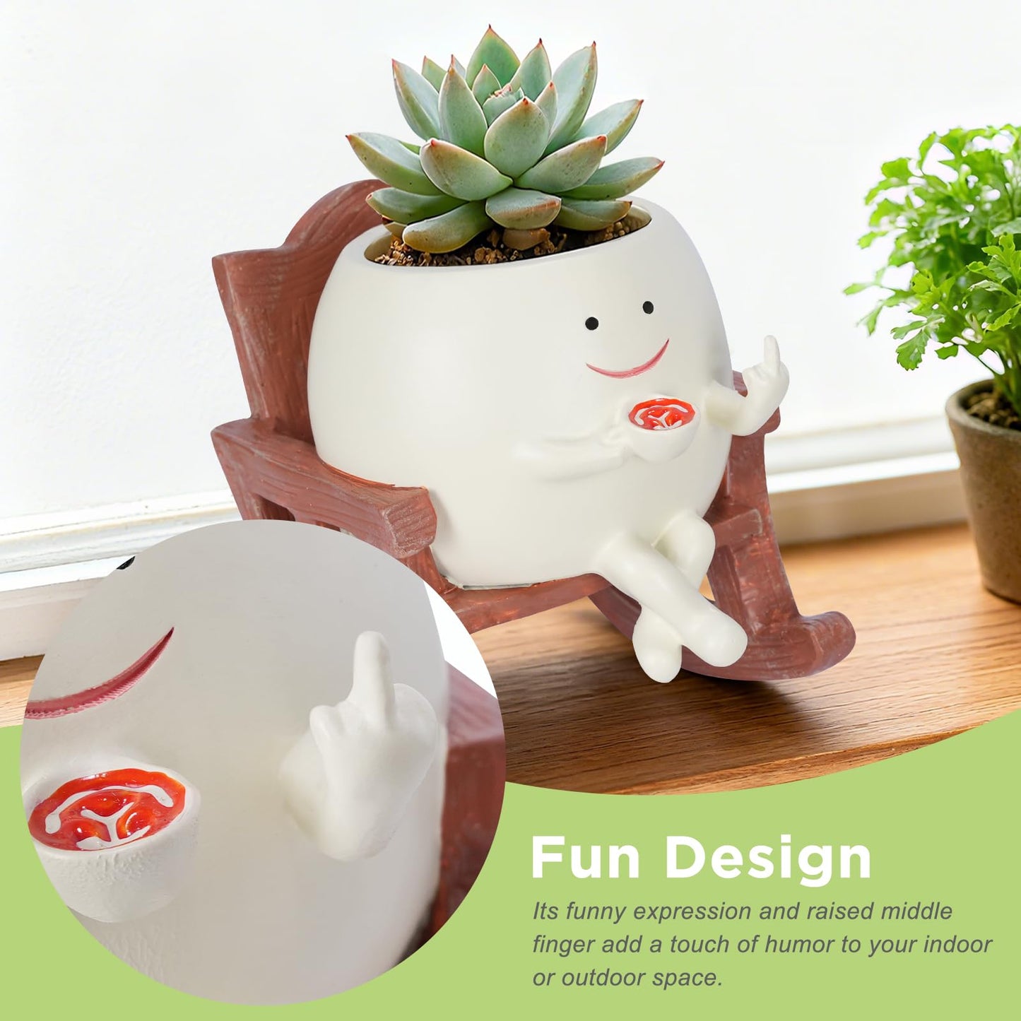 Heakrit Smiley Face Plant Pots, Cute Resin planters for Indoor Outdoor, Unique Rocking Chair Succulent Pots with Drainage Hole, Gift IdeaI for Family and Friends, Brown