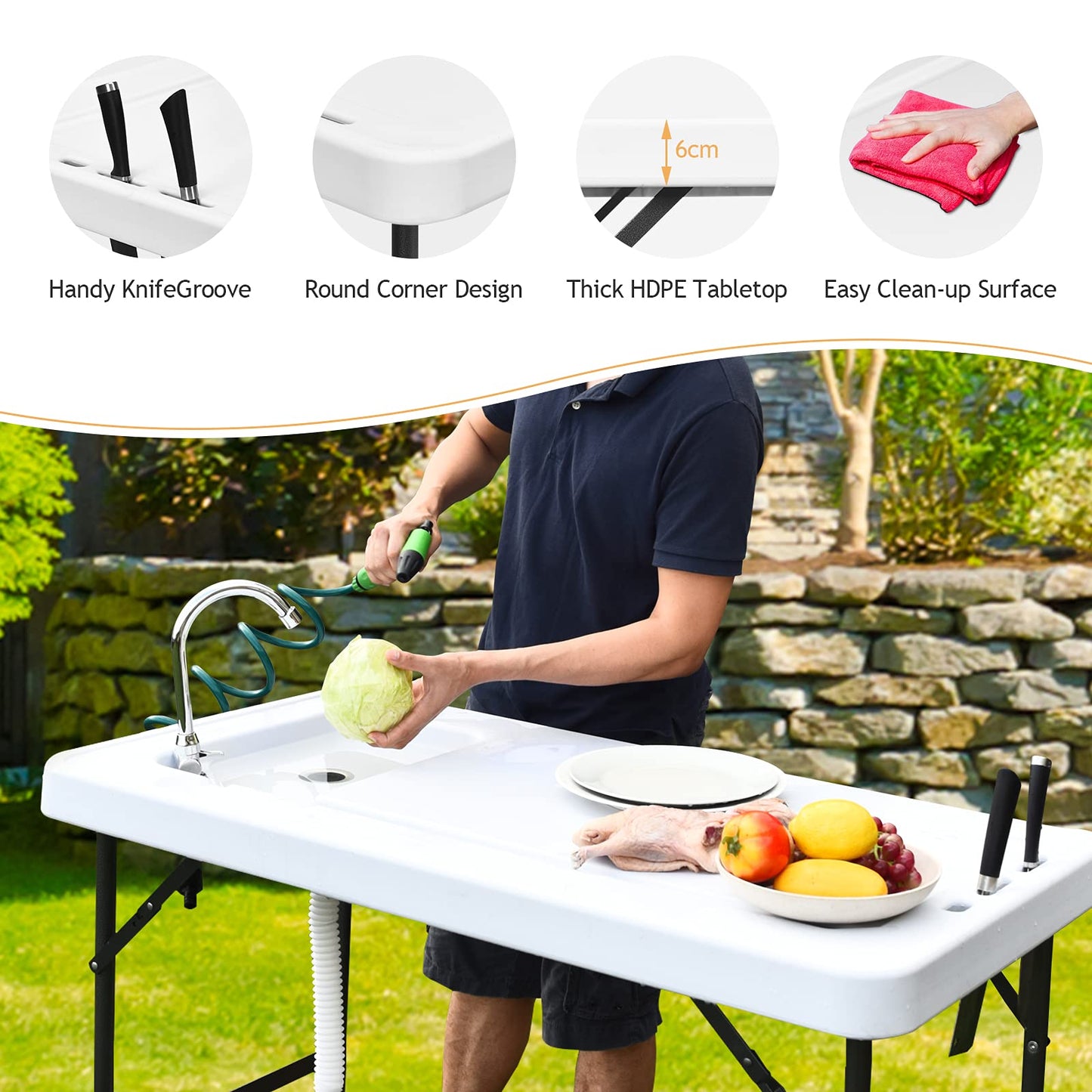 SPORFIT Fish Cleaning Table with Sink, Portable Camping Table w/Flexible Faucet & Sprayer, Drainage Hose Hook Up, Outdoor Fish Cleaning Station for Garden, Backyard, Kitchen (with Sprayer)