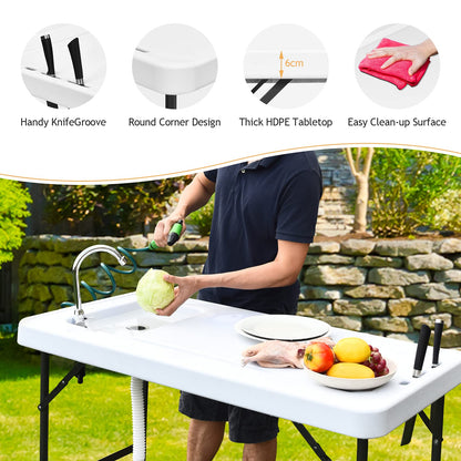 SPORFIT Fish Cleaning Table with Sink, Portable Camping Table w/Flexible Faucet & Sprayer, Drainage Hose Hook Up, Outdoor Fish Cleaning Station for Garden, Backyard, Kitchen (with Sprayer)