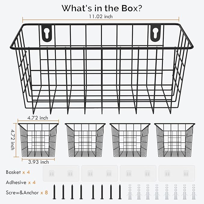 MaraFansie Hanging Kitchen Baskets Wire Storage Basket Adhesive and Screws