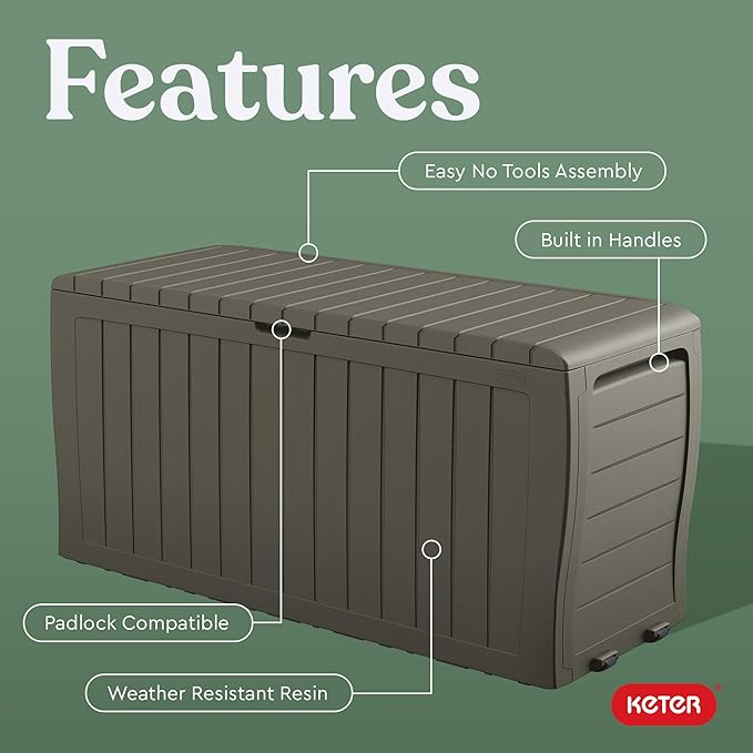 Keter Marvel Plus 71 Gallon Resin Outdoor Storage Box for Patio, Balcony & Garden – Weather‑Resistant Deck Box for Cushions, Pillows, Pool Floats & Tools, Mossy Brown