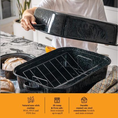 Granite Ware 25 lb Rectangular Roaster Set (10pcs), includes Lid, V-Rack, 2 pack brining bags, oven/grill-safe meat Thermometer, Turkey Baster with sylicon bulb, small brush