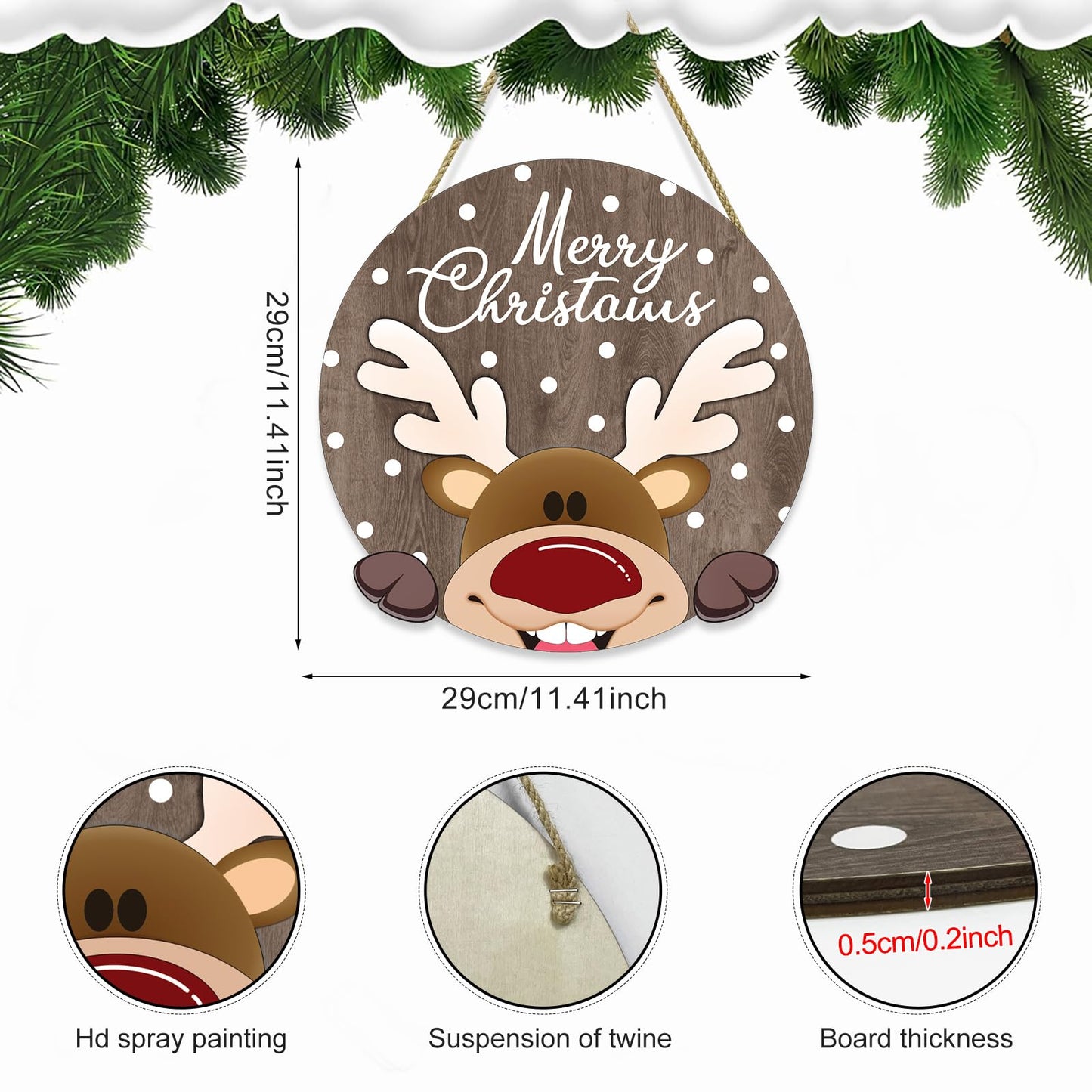 SIKERIC Merry Christmas Reindeer Door Hanger, 11.4''x11.4'' Wooden Christmas Wall Decor Plaque for Home Party Porch Entryway
