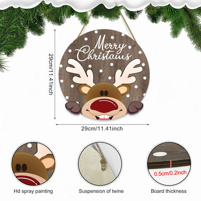 SIKERIC Merry Christmas Reindeer Door Hanger, 11.4''x11.4'' Wooden Christmas Wall Decor Plaque for Home Party Porch Entryway