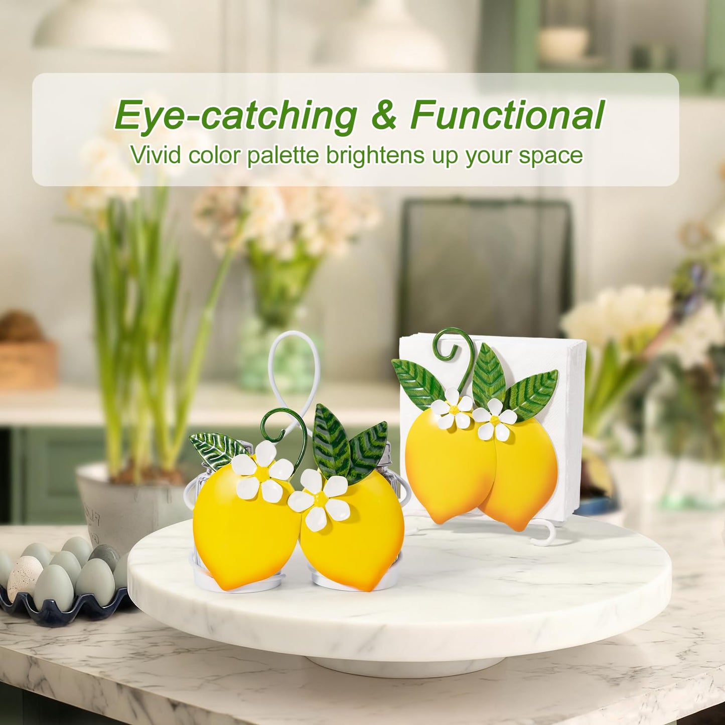 Lemon Cute Salt and Pepper Shakers Set with Holder - 2oz Seasoning Containers with Lemon Decor Holder, Yellow Kitchen Decor and Accessories, Housewarming Gifts for Women, Portable Metal Stand