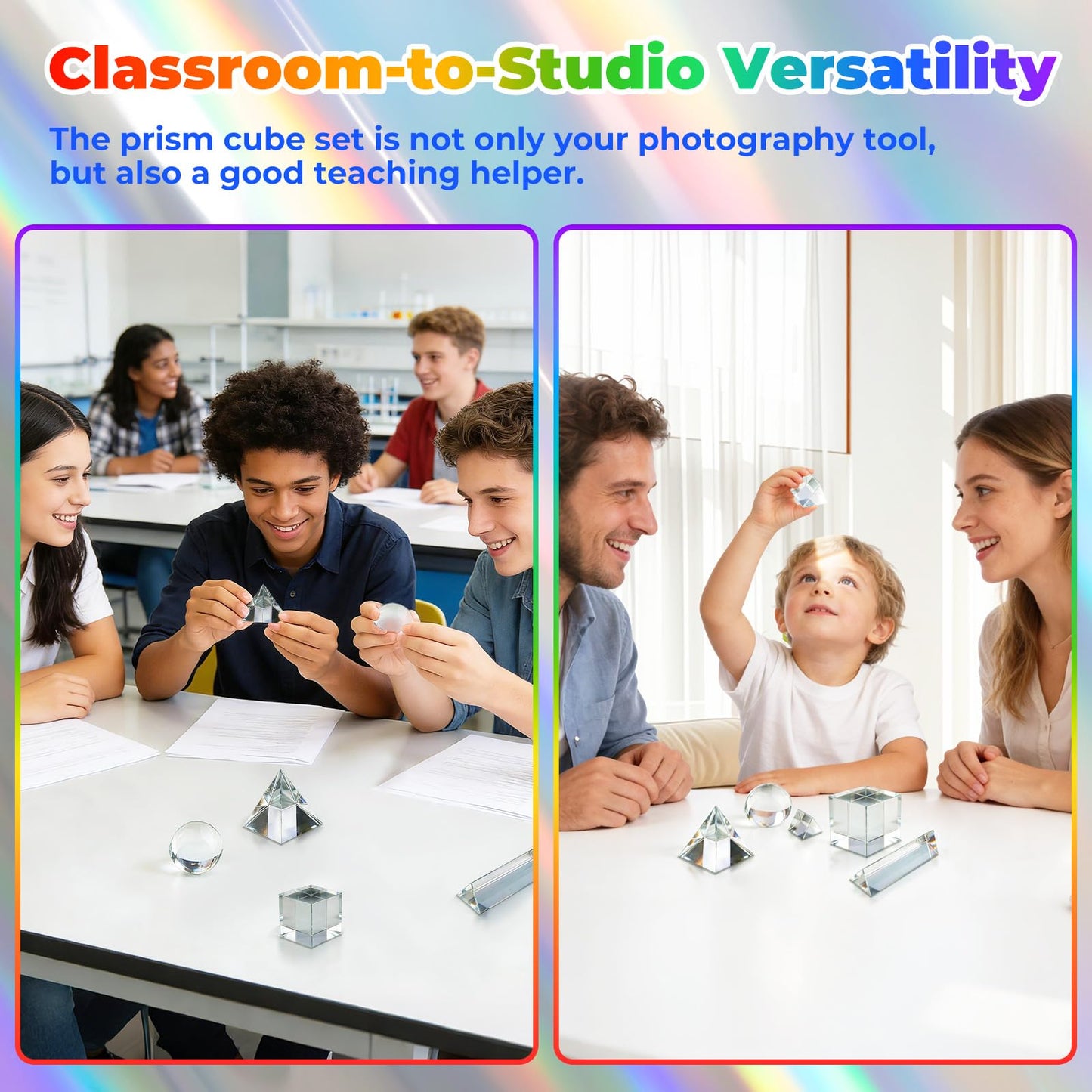 7 Pack K9 Optical Crystal Photography Prism Set, Include 1-4in Triangular Prism, 2in Crystal Glass Prism Cube, 2in Crystal Ball, 2in Dome Magnifier, Light Prism for Physics Teaching Photography Play