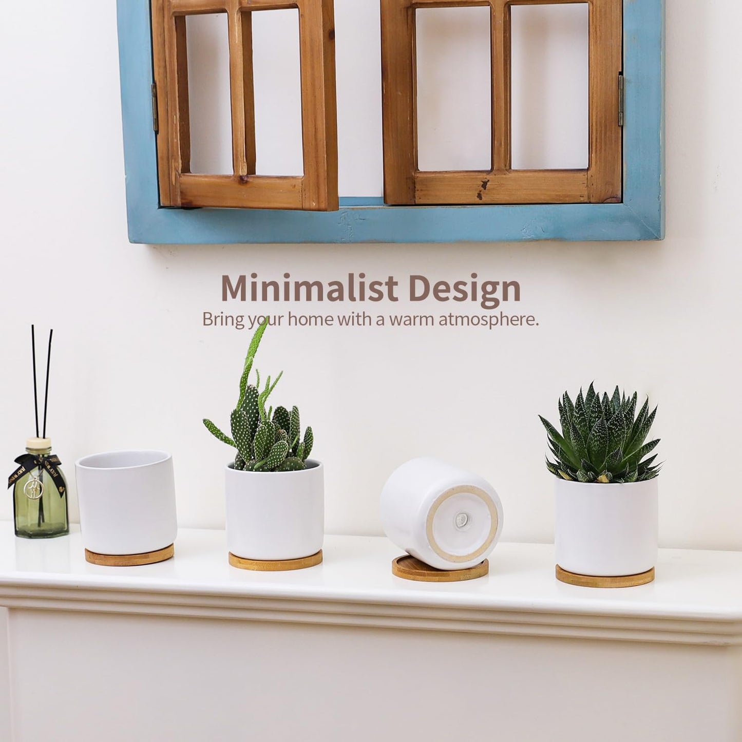BABALIU 4 Inch Ceramic Plant Pots with Drainage Holes and Trays, Adorable Small Cylinder Flower Planter Pot with Saucers for Indoor Plants, Succulent, Snake Plants, Cactus & Herbs, White, Set of 4