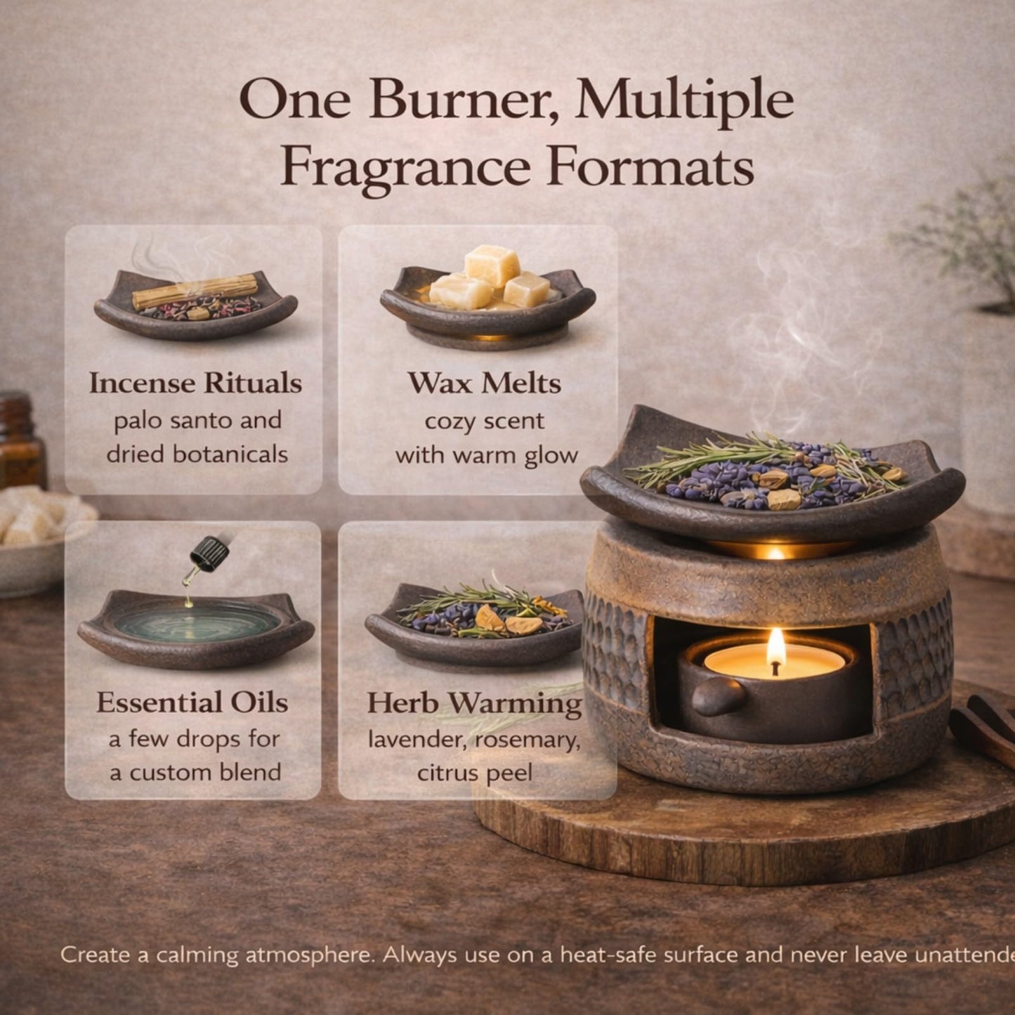 Zen Ceramic Incense Holder with Wooden Tongs, Tealight Wax Warmer and Essential Oil Burner for Wax Melts, Dried Herbs and Palo Santo, Aromatherapy Stove for Bedtime Calm, Meditation, Home and Office