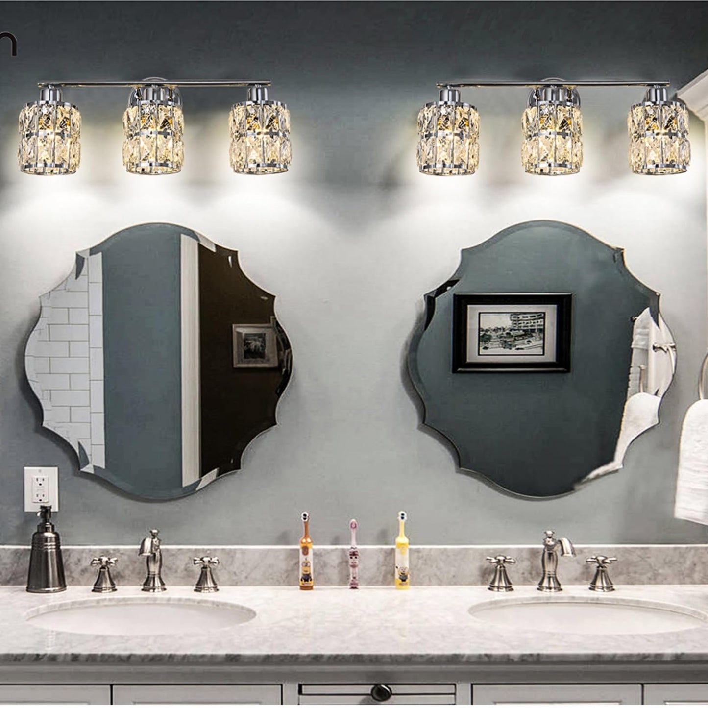 CALDION 3-Light Crystal Wall Lights Bathroom Vanity Light Fixtures, Modern Chrome Vanity Lighting Over Mirror Crystal Wall Sconces Lighting for Bedroom Restroom Bath Cabinet Powder Room, E26 Base