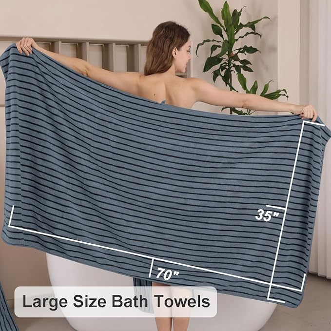 8 Pcs Grayish Blue Cabana Stripe Large Bath Towel Oversized Bath Sheet-2