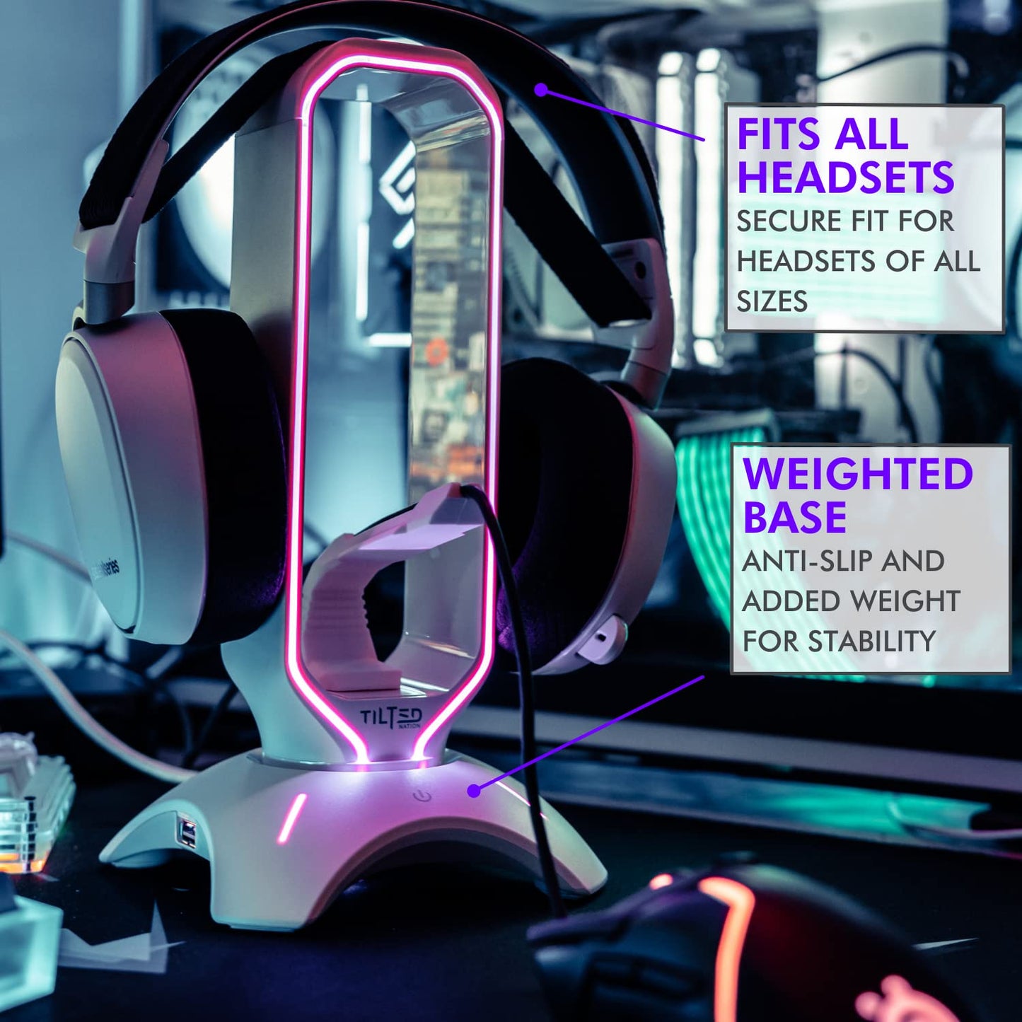 Tilted Nation Gaming Headphone Stand | RGB Headset Stand White | Headset Holder for Desk with Mouse Bungee and USB Hub | The Ultimate Gaming Accessories for Gamers for PS5, Xbox, PC - White