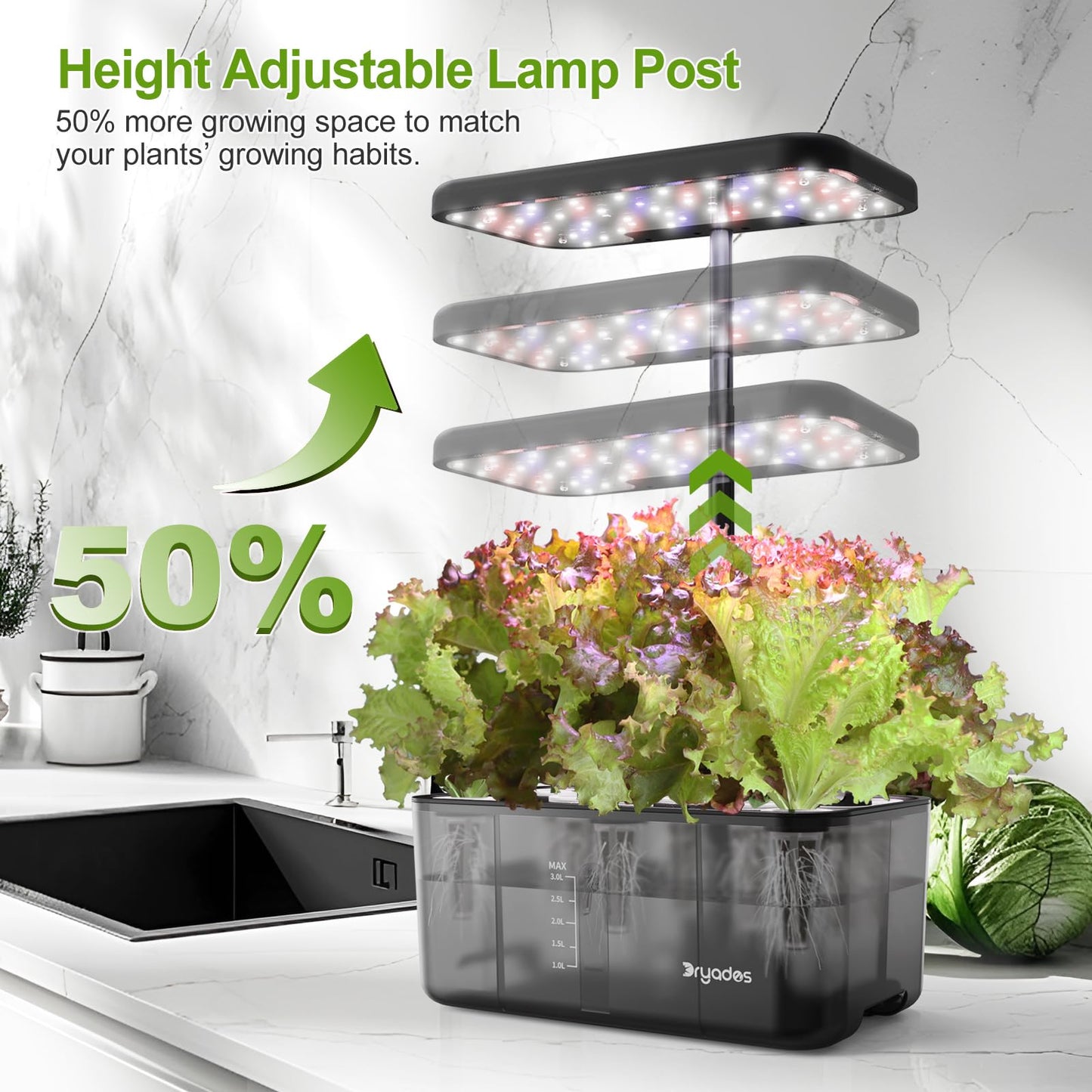 DRYADES 8-Pod Hydroponics Growing System Translucent Indoor Herb Garden with LED Grow Light Smart Quiet Pump Plant Germination Kit for Hydroponic Herbs, Vegetables, Lettuce Harvest on Countertop