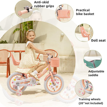 Bixike Girls Bike with Basket for Toddlers and Kids Aged 3-14 Years Old, 12 14 16 18 Inch with Training Wheels & Doll Seat, 20 Inch with Kickstand & Rear Rack, Princess Style Bicycle for Gift.
