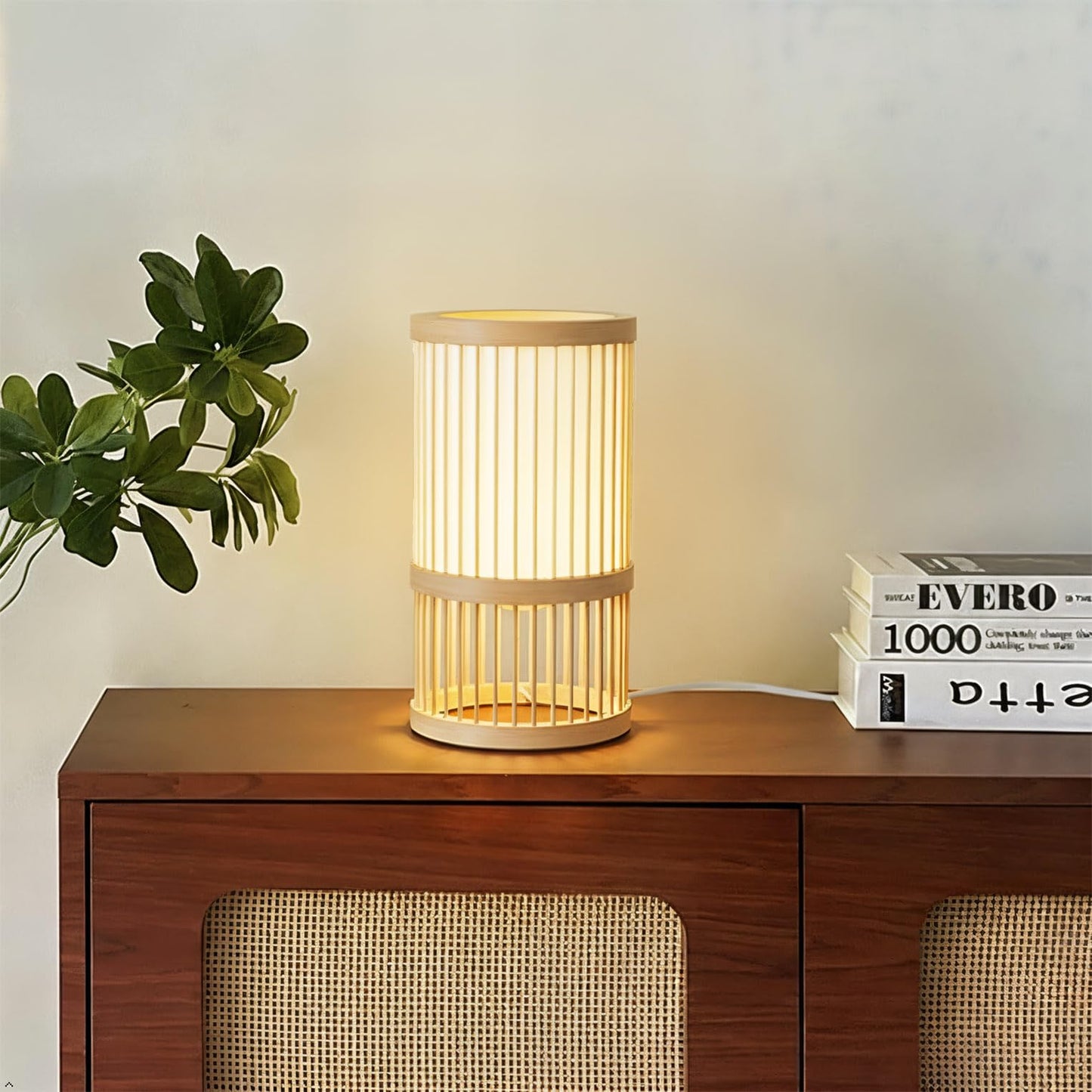 AFORTLO Table Desk Lamp,Bamboo Boho Decorative Nightstand Night Light Japanese Hollow-Out Lamp Home Decor for Bedroom,Living Room,End Table or Office with Bulb