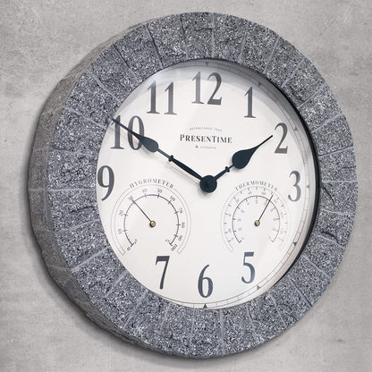 Presentime & Co Sandstone Outdoor Clock with Thermometer & Hygrometer as All in one Weather Station, 14", Gray Sandstone Finish. Weather Thermometer, Outdoor Décor, Wall Décor.