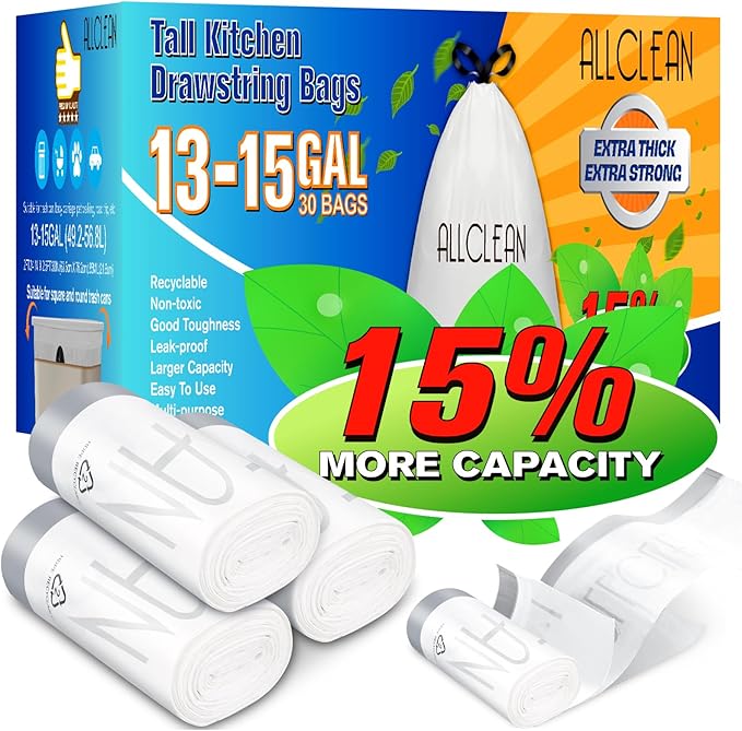 Allclean 13 To 15 Gallon Trash Bags, Tall Kitchen Garbage Bags Drawstring
