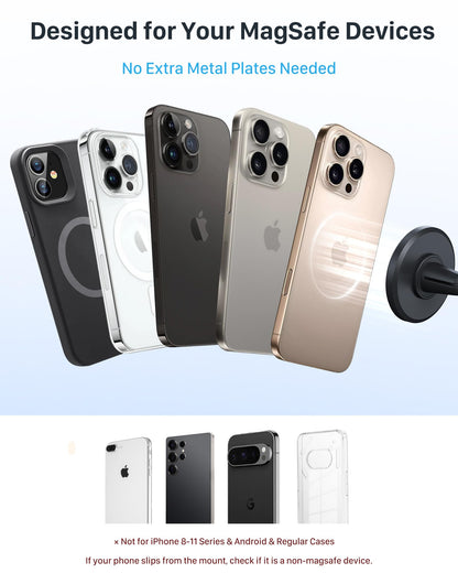 YOSH for MagSafe Car Mount, Magnetic Phone Holder for Car Vent, [1s Installation & Full Rubber Protection], N55 Magnets for iPhone 17/16/15/14/13/12, Fits MagSafe Cases, No Metal Plate Needed