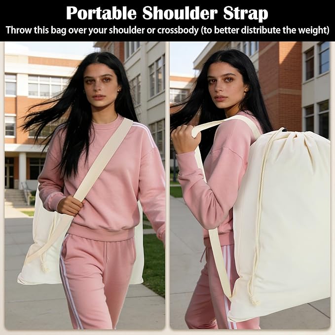 Canvas Laundry Bag with shoulder Strap 24"W x 29"H, Large Drawstring Dirty