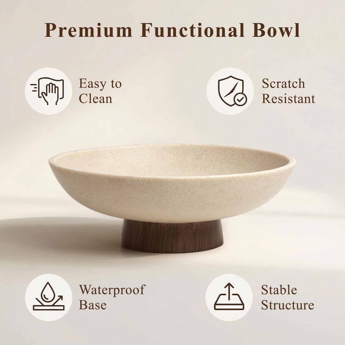 YMXYJM Modern Pedestal Fruit Bowl, Large Matte Resin Decorative Bowl with Faux Wood Base for Kitchen Counter, Living Room, Entryway Home Decor, Brown