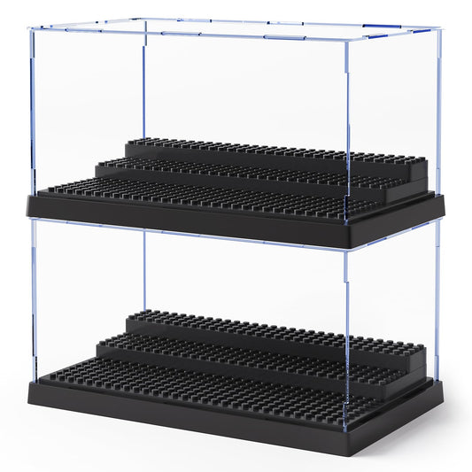 2 Pack Minifigure Display Case for Action Figures Blocks, Clear Dustproof Acrylic Display Box Storage with 3 Movable Steps Gifts for Children,Black…