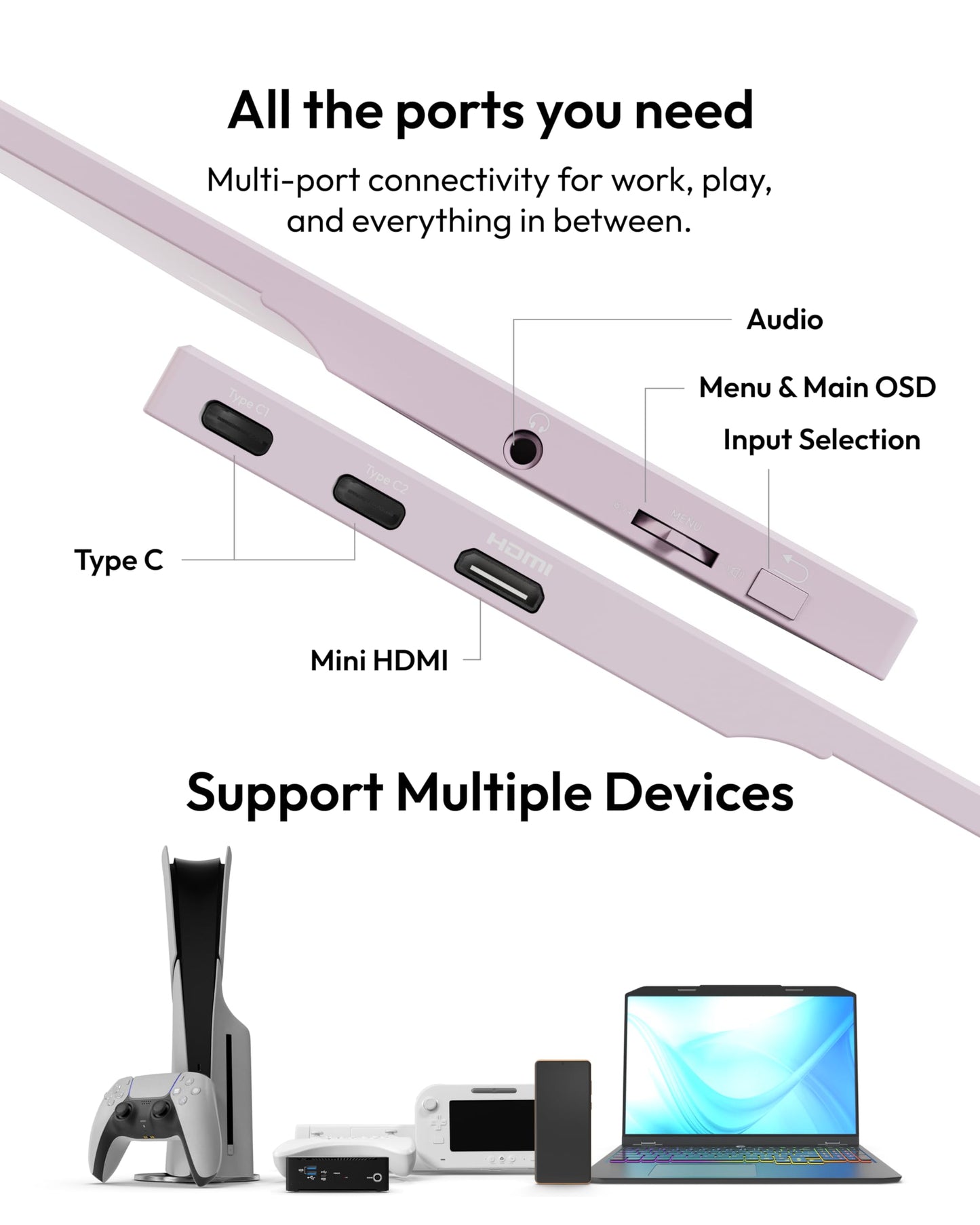 Pixio PX160 Wave Pink Portable Monitor 15.6 inch 60Hz FHD 1080p IPS Panel HDR Screen Cover Stand USB-C HDMI Laptop Screen Extender Portable Monitor for Laptop, PC, Console, Phone