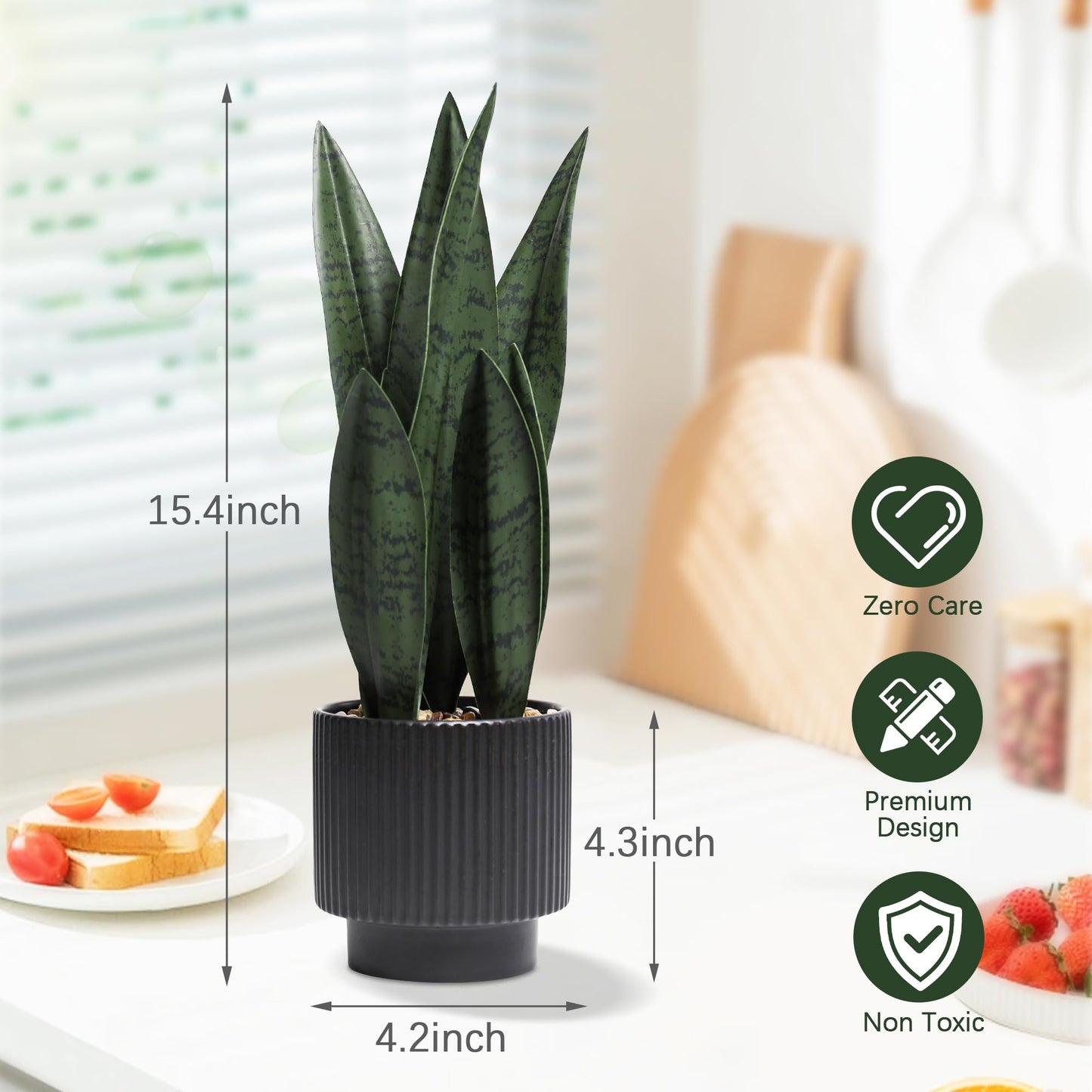 Chonsun Artificial Plants Sansevieria Snake Plant with Black Ceramic Pot Desk Small Fake Plant for Indoor Living Room Kitchen Bathroom Farmhouse Home Decor