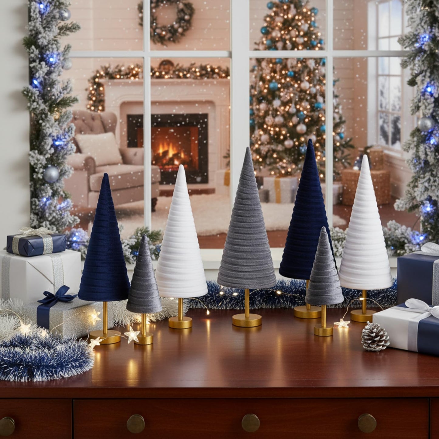 Hoolerry 6 Pcs Christmas Velvet Trees with Gold Pedestal Christmas Velvet Cones Tree Mantel Decor Modern Rustic Winter Home Minimalist for Holiday Entryway Table Wedding Centerpiece(Dusty Blue)