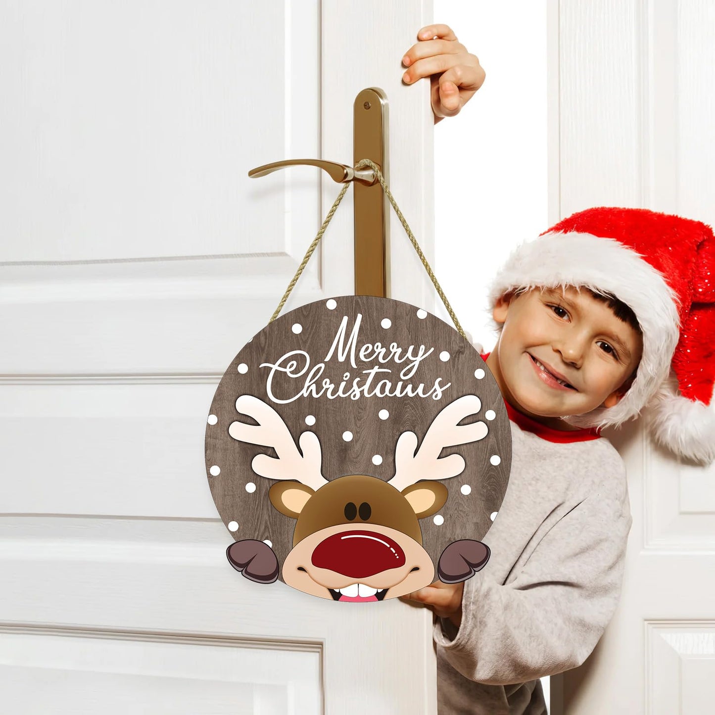 SIKERIC Merry Christmas Reindeer Door Hanger, 11.4''x11.4'' Wooden Christmas Wall Decor Plaque for Home Party Porch Entryway