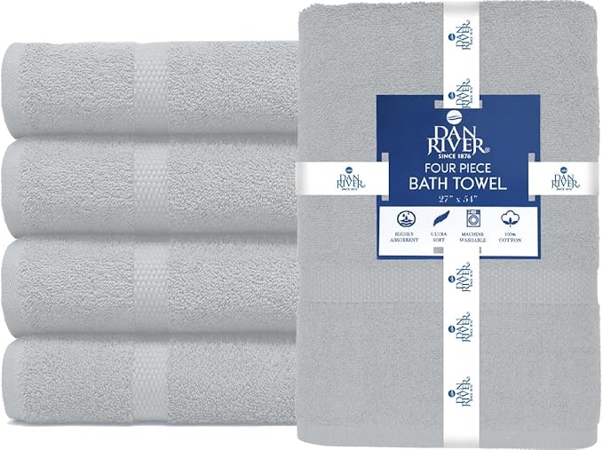 DAN RIVER Bath Towels Set of 4, 27 x 54 Inches, 100% Cotton, Larger & Lighter