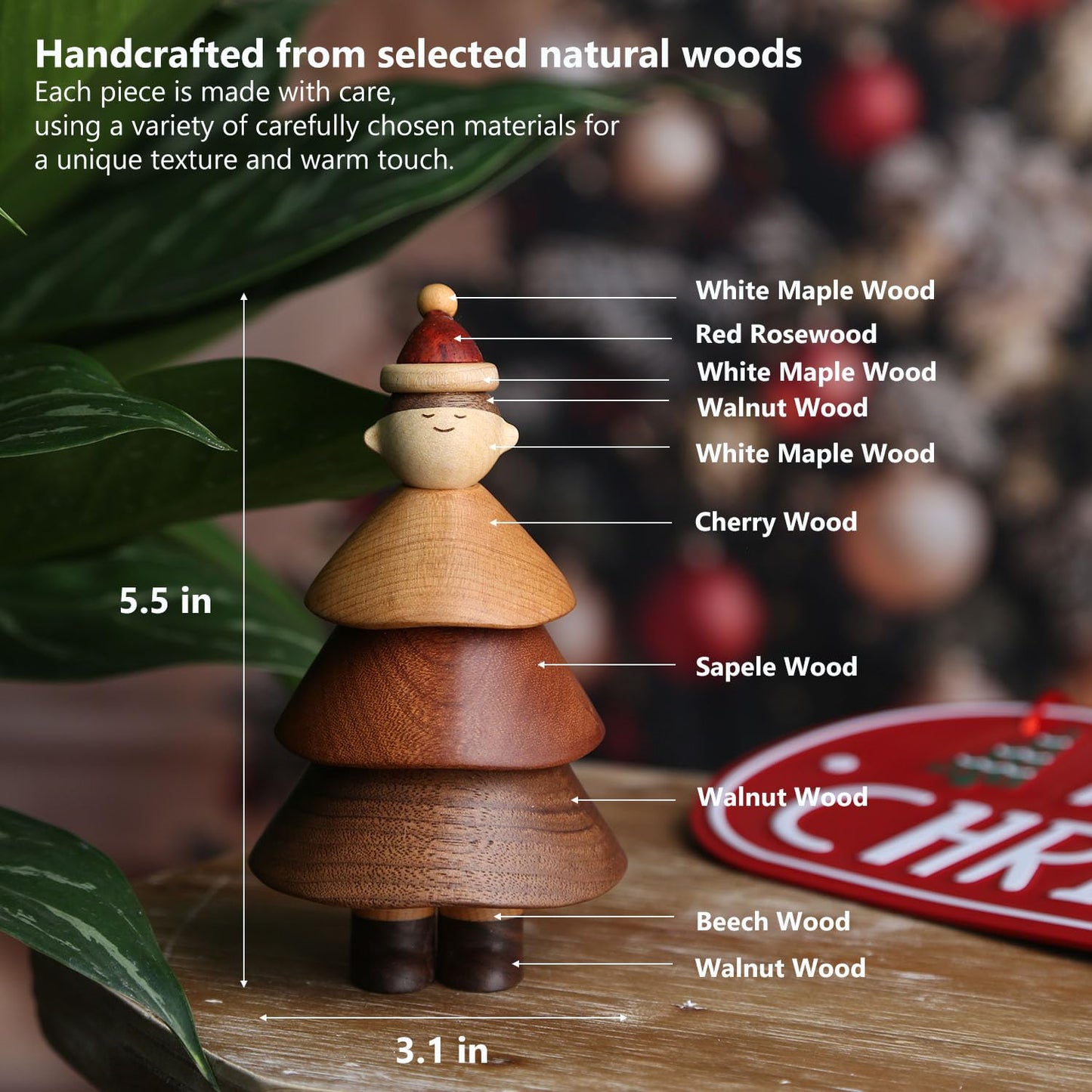 YANISM Christmas Tree Boy Figurine,Wooden Christmas Decoration,Creative Tree & Boy Design,Rustic for Her or Him,Natural Wood Christmas Home Decor