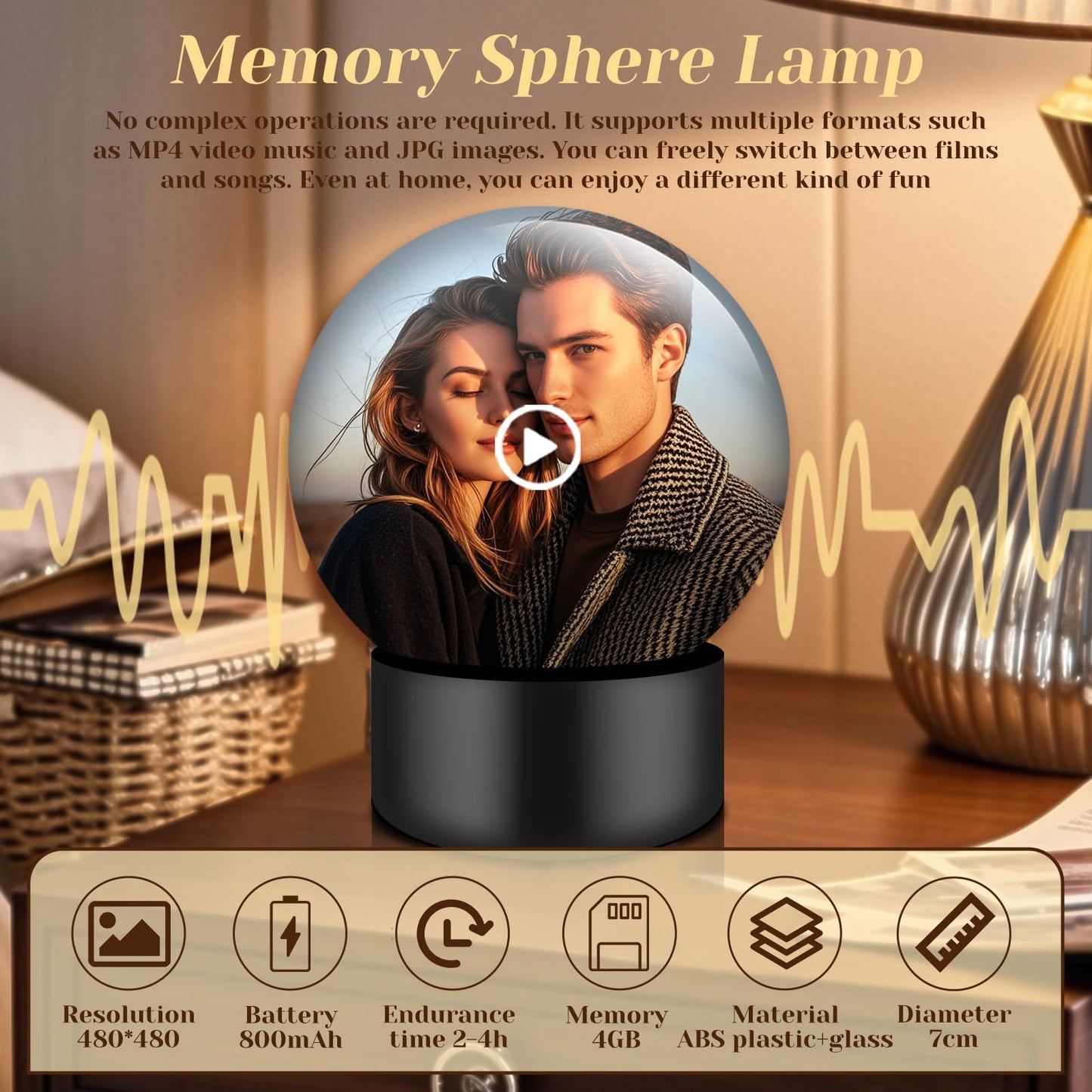 LOCZAR Memory Sphere Lamp, Crystal Ball Video Player 2.8" Memory Orbs Ornament 4GB Uploadable Videos & Photos, Personalized Unique Desk Night for Couples Friends Birthday Christmas (White Memory Orb)