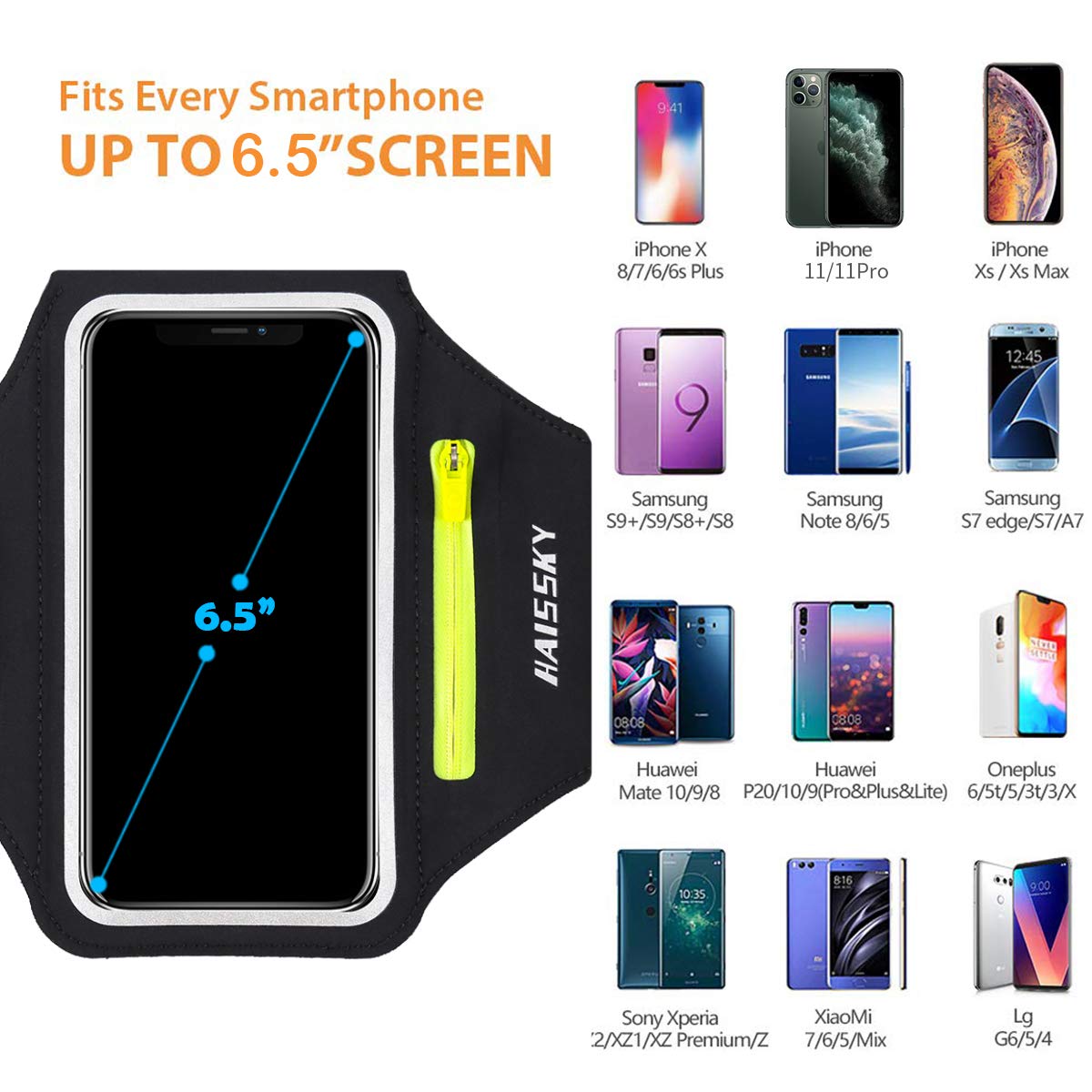Running Armband with Earphone Bag Cell Phone Armband for iPhone 17 16 15 Pro 14 Plus 13 11 XR, Galaxy S24/S10 Water Resistant Sports Phone Holder Case & Zipper Slot Car Key Holder for 6.7 inch Phone