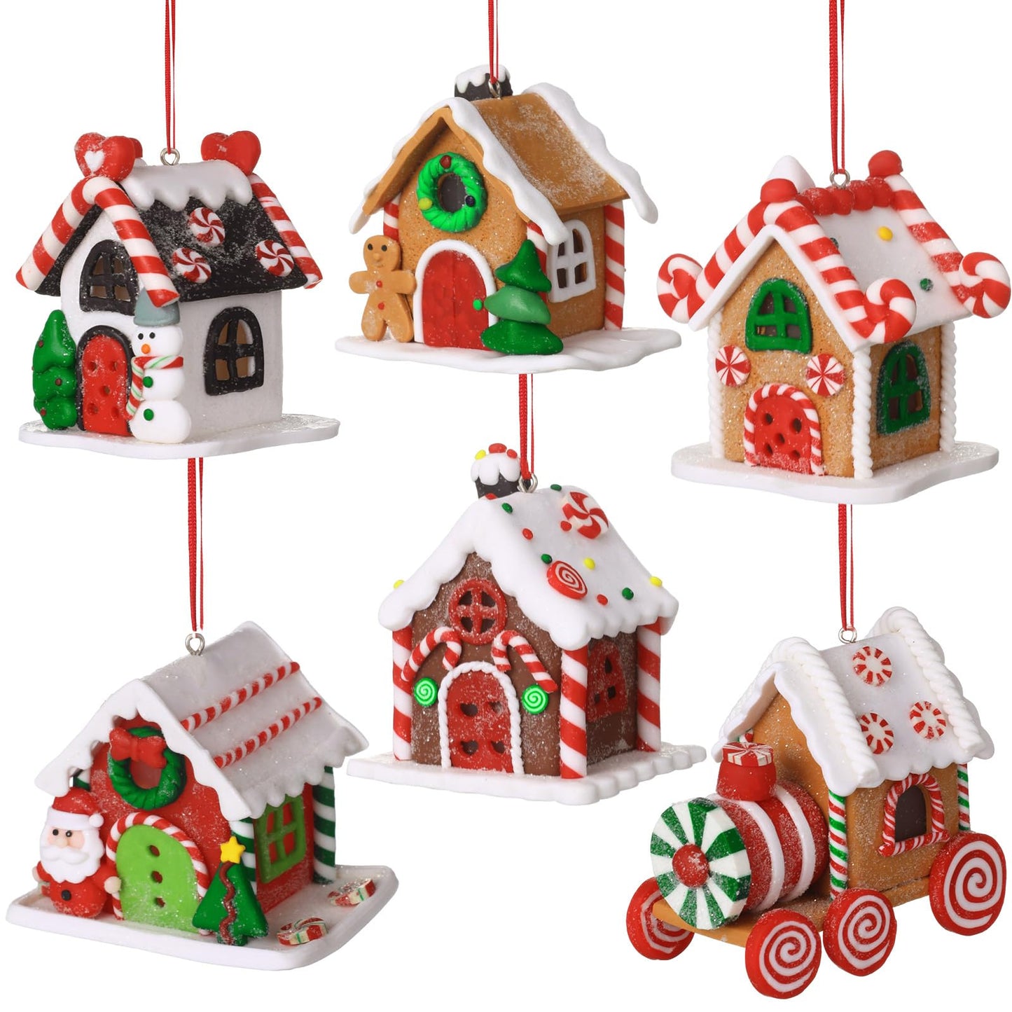 Funtery 6 Pcs Gingerbread House Ornaments for Christmas Tree Gingerbread Christmas Decor with Rope Xmas Hanging Ornaments for Tree Holiday Party New Year Home Decorations (Lovely Style)