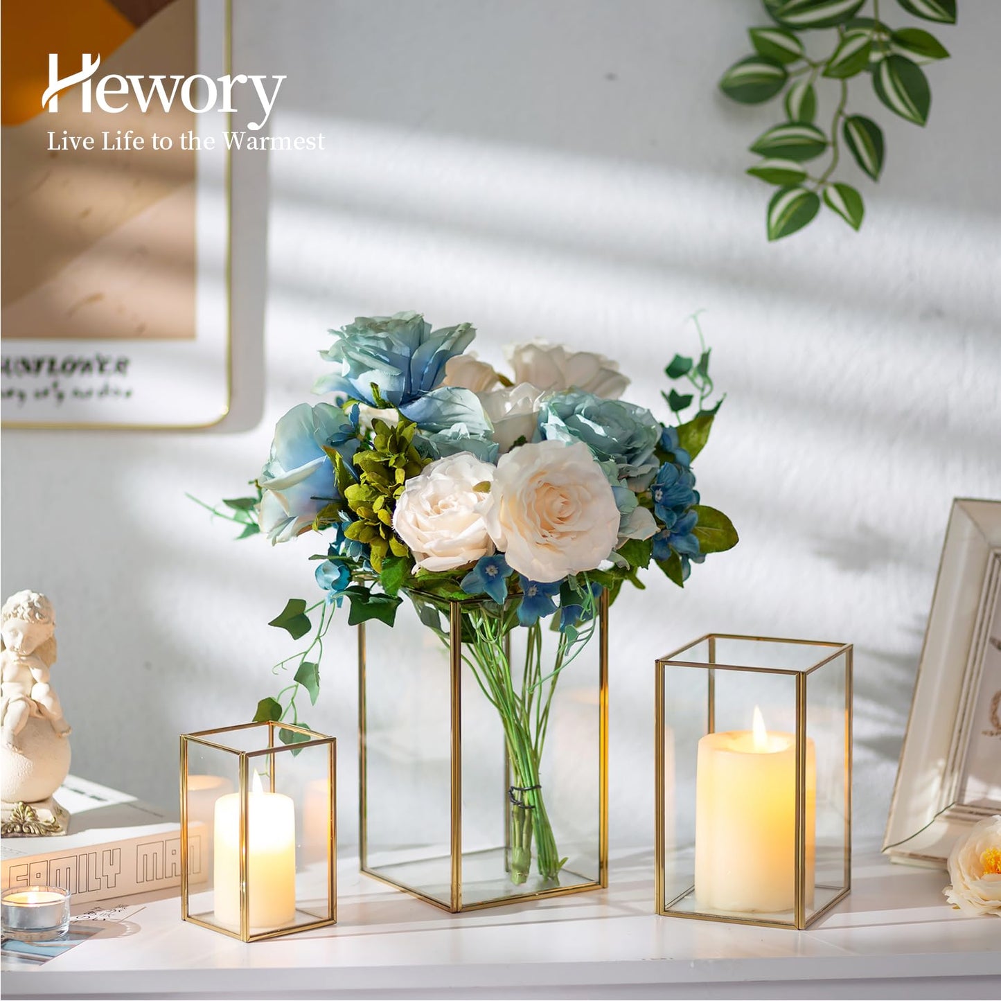 Glass Hurricane Candle Holder Large - Hewory 3pcs Gold Rectangle Flower Holders Centerpiece for Table, Tall Floor Square Pillar Candle Lantern for Wedding, Anniversary, Party, Fireplace, Dining Room