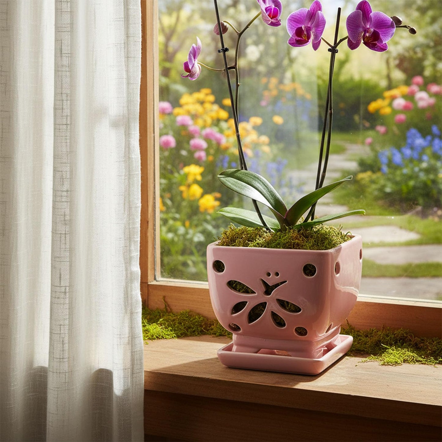 Grdthzey Orchid Pots with Holes Square Ceramic Orchid Planter Pots 5.5 inch (Pink)
