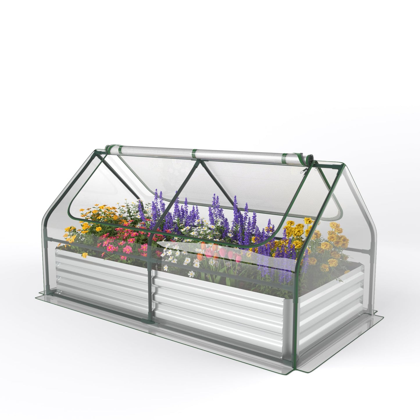 Giantex Galvanized Steel Raised Garden Bed with Mini Greenhouse, Outdoor Metal Planter Box Kit with Large Roll-up PVC Cover, 71"x 35.5"x 36" Planter Raised Bed for Growing Flower Herb Vegetable Fruit