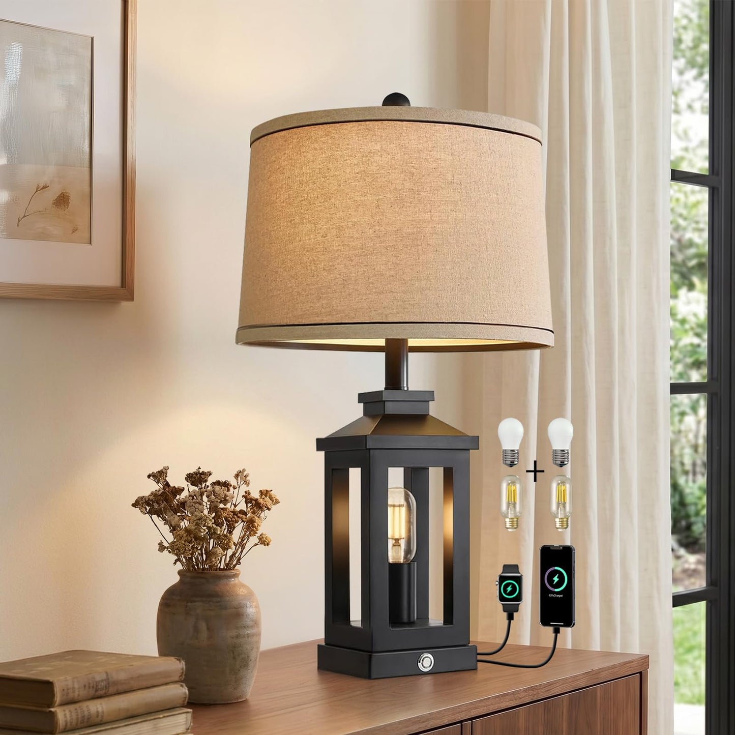 G-SAFAVA 23.75" Retro Farmhouse Black Table Lamp for Living Room Bedroom Nightstand Single Pack Touch Control Bedside Nightlight Vintage Modern Lamp with USB C+A Ports and 2 Light Sources