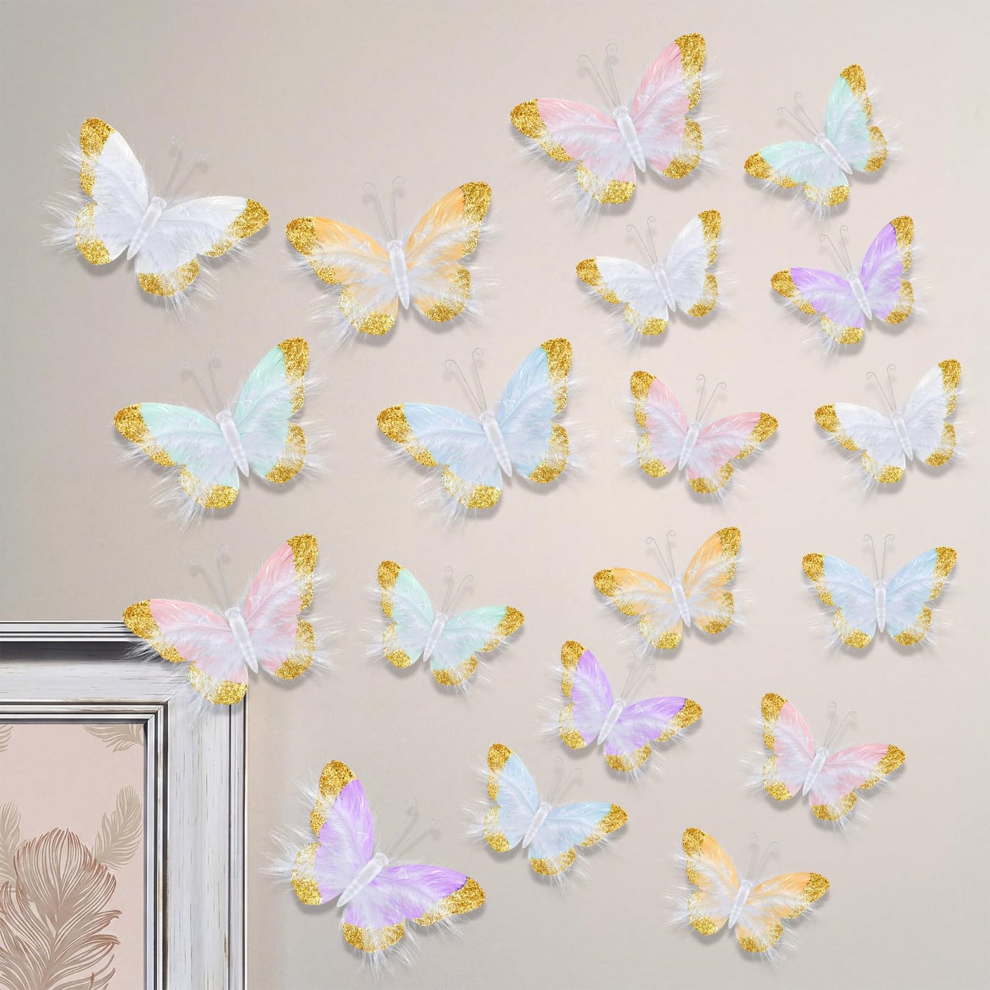 Ferrochef 24 Pcs Pastel Feather 3D Butterfly Wall Stickers Glitter Butterfly Wall Art Mural Stickers Removable Decals Decor for Wedding Party Birtyday Flower Bouquet Nursery Bedroom Cake Home Decor