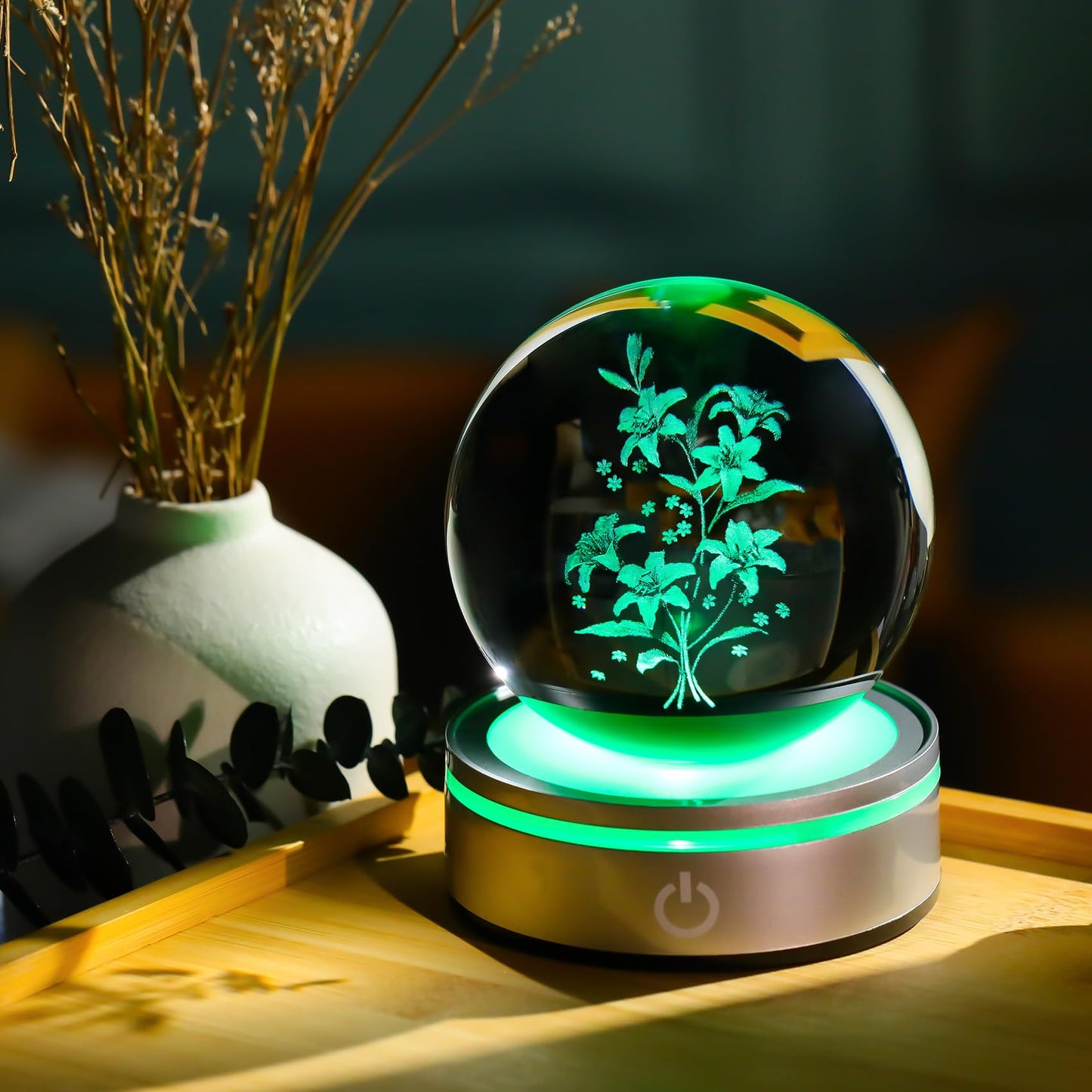Movdyka 3D Laser Etched Lily Crystal Ball with Color-Changing LED Base