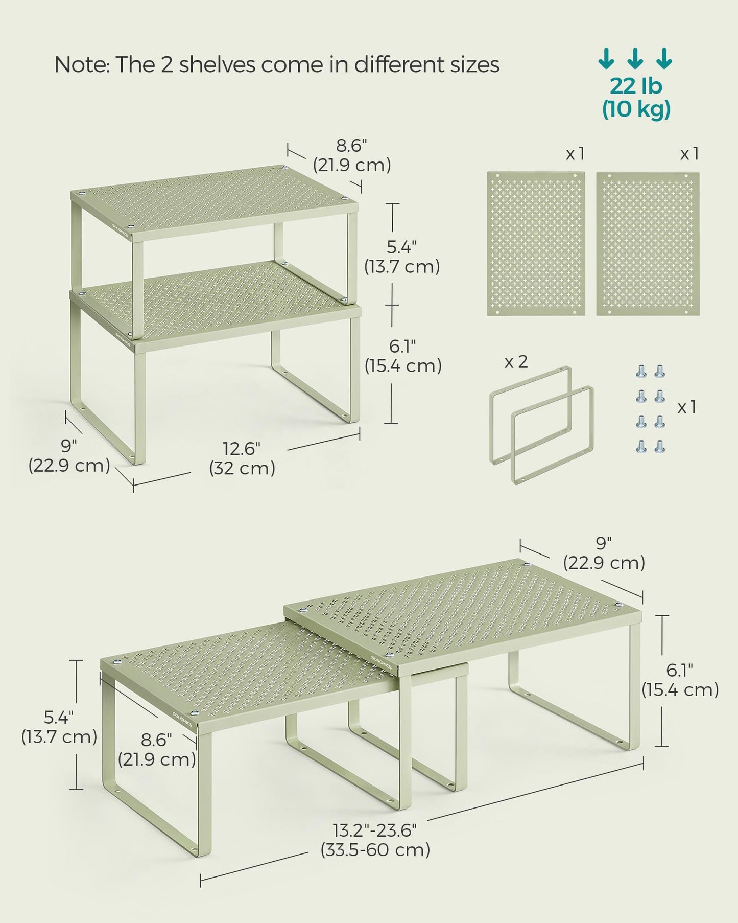 SONGMICS Spice Racks, Set of 2 Metal Cabinet Shelf Organizers, Countertop Organizers, Shelf Risers, Stackable, Expandable, Silver UKCS01SV