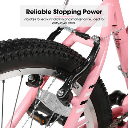 HILAND Bamcbase Womens Mountain Bike, 24 Inch 18 Speeds Hybrid Commuter Bicycle for Adults, Sport Hardtail Trail MTB Pink