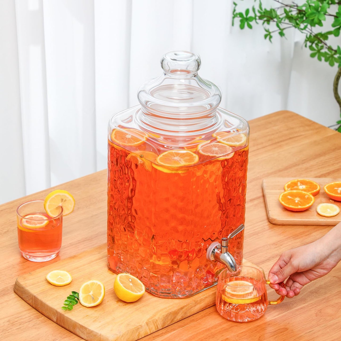 Honeydak 2.6 Gallon Glass Beverage Dispenser with Stand Stainless Steel Spigot Glass Lid Clear Iced Juice Container Leakproof Drink Dispenser Countertop Lemonade Water Jar for Wedding Party (2 Pack)