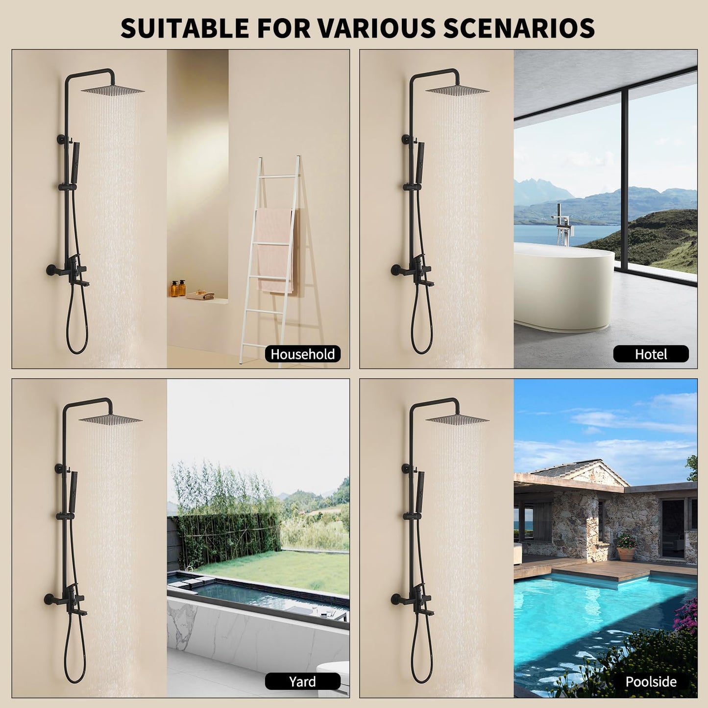 HANJAI Exposed Shower System 10" Matte Black Rainfall Shower Head with 2 Modes Handheld and Tub Faucet Set, Square Shower Head 3 Functions Outdoor Shower Fixtures with Brass Valve, Height Adjustable