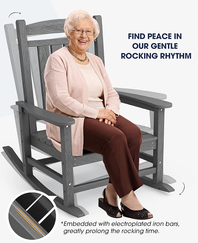 KINGYES HDPE Outdoor Rocking Chair, Widened Seat Patio Rocking Chair, Oversized All Weather Patio Rocker, Gray