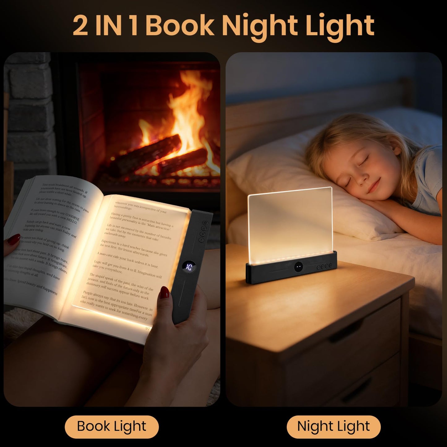 Suteng Book Light, Rechargeable Clear LED Flat Reading Light for Reading in Bed at Night with 3 Colors & Timer, Dimmable Full Page Panel Plate Lamp, Bookish Gifts for Readers Kids Women Men (Black)