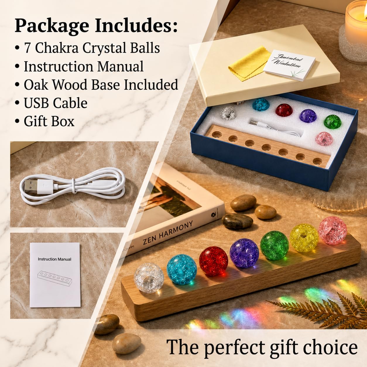 JINWU ClearPeak 7 Colors 40mm Ice Cracked Crystal Balls, Chakra Healing Sphere with LED Wooden Base, Glass Night Light for Home Living Room Meditation, Valentines Day (Set 7-Rainbow)
