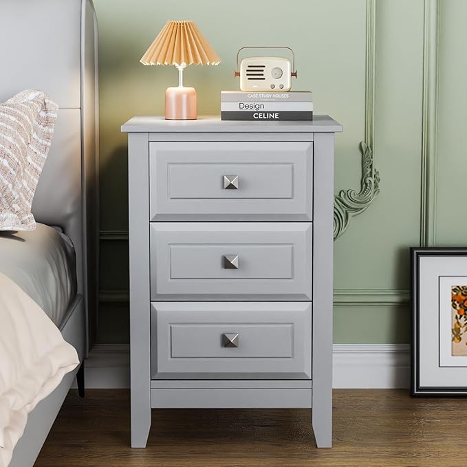 Bonnlo Gray Nightstands Set of 2, 3 Drawer Nightstand, Modern Night Stand