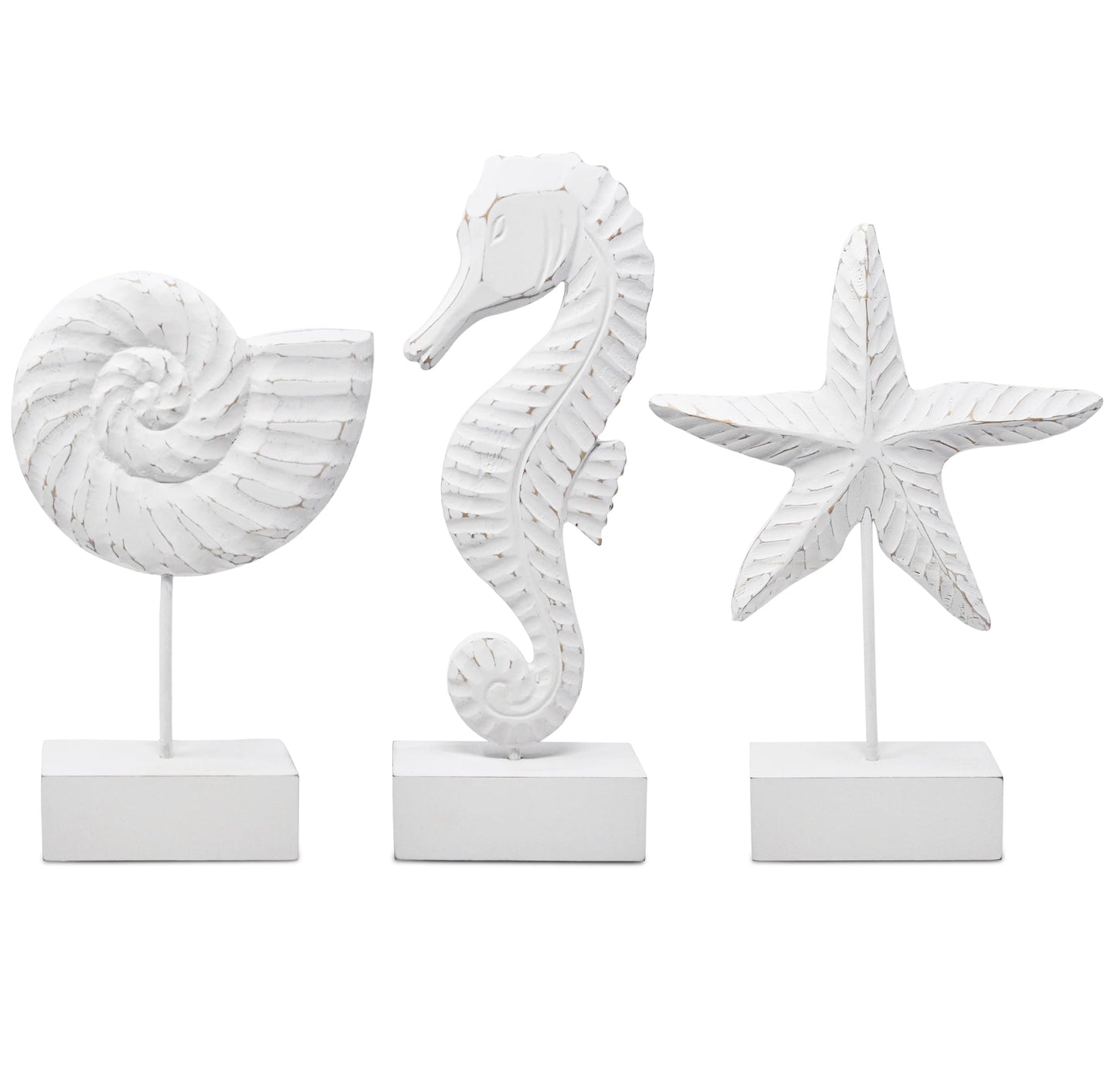 Gift Boutique 3Pcs Beach Nautical Style Figurines Wooden Tabletop Decor - Seahorse, Starfish & Conch Statue on Stands for Home, Beach House, Ocean Coastal Decorations